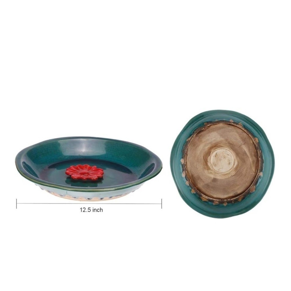 12.5" | Blue Teal Ceramic Birdbath Flower Garden Decor Yard Art Unisex